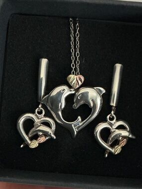 925 12K 10K Dolphin Necklace and Earrings Black Hills Gold
